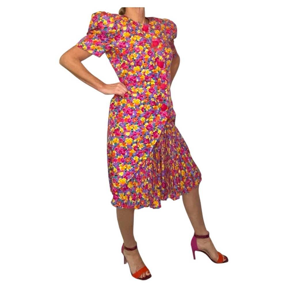 Vintage Nina Raynor 100% Silk Floral Multicolor‎ Statement Dress - Picture 12 of 13